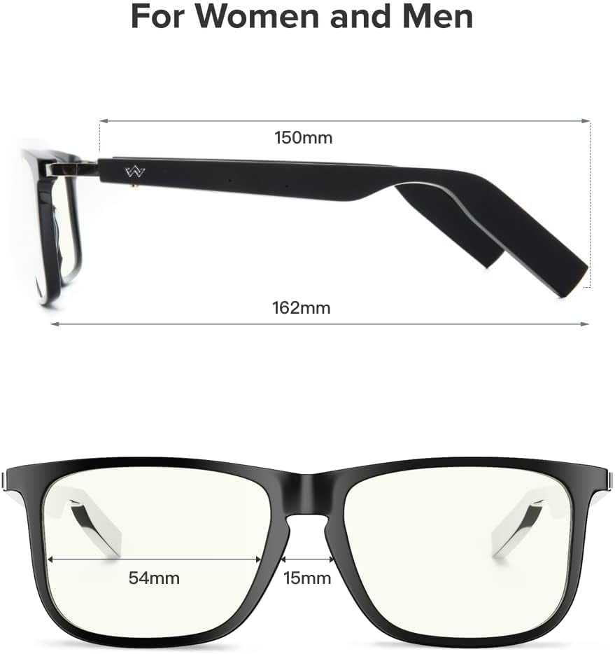 Smart Audio Glasses (Blue Light & Sun Lenses) for Men and Women, Open Ear Speaker & IP67 Waterproof, Rectangular, Medium
