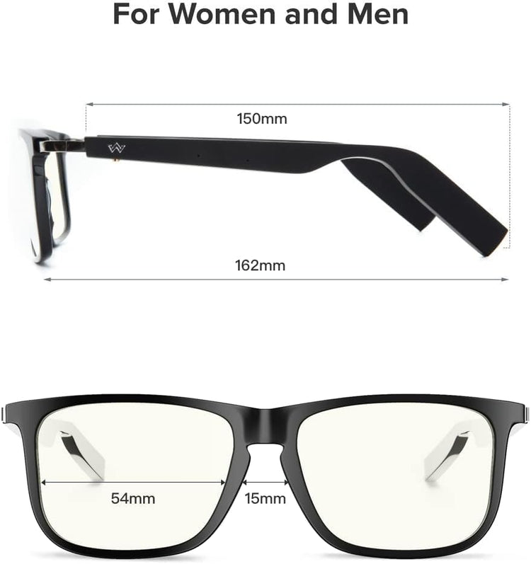 Smart Audio Glasses (Blue Light & Sun Lenses) for Men and Women, Open Ear Speaker & IP67 Waterproof, Rectangular, Medium