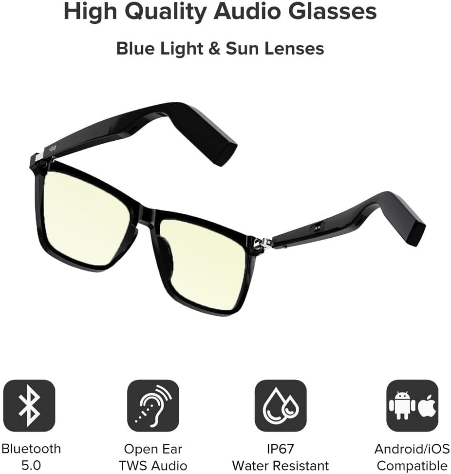 Smart Audio Glasses (Blue Light & Sun Lenses) for Men and Women, Open Ear Speaker & IP67 Waterproof, Rectangular, Medium
