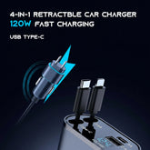 Retractable Car Charger 4 in 1 Fast Car Phone Charger 120W with USB Type C Cable